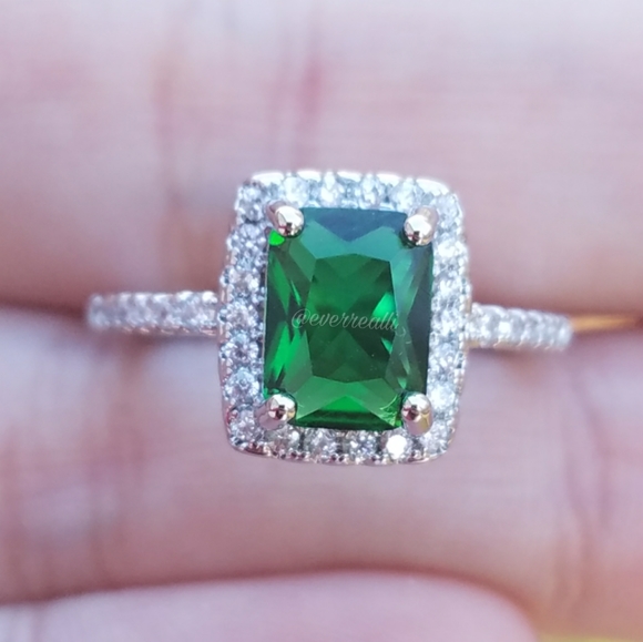 Green Emerald Rectangular Halo Silver Ring - Picture 3 of 5